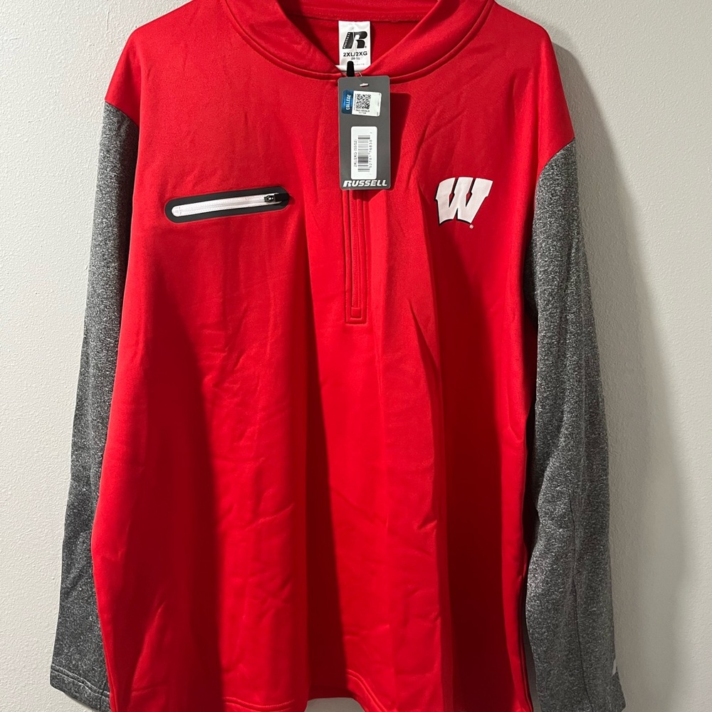 Brand new Russell Wisconsin Badgers Red and Gray Pullover